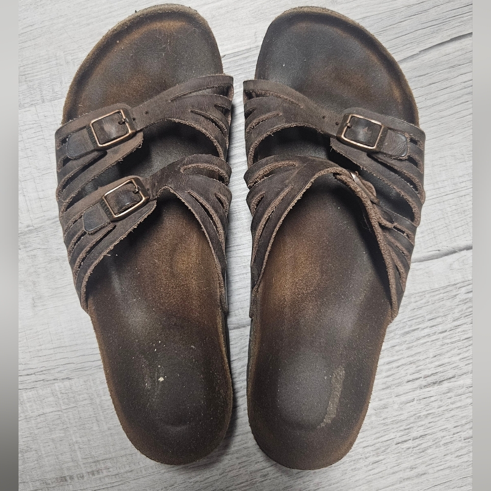 Birkenstock Dark Brown Suede Strappy Slide Sandals with Buckles